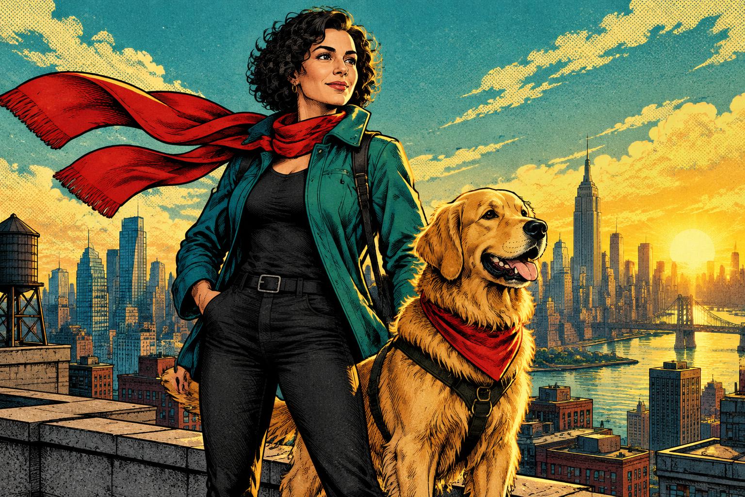 Comic illustration of a heroic woman and her golden retriever