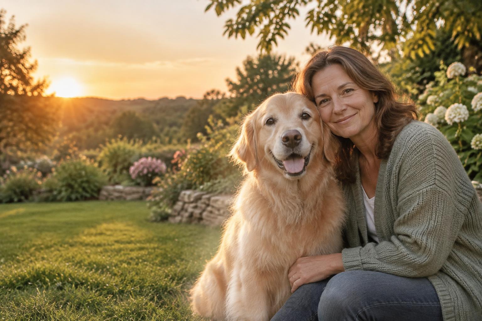 Woman beside her softly glowing golden retriever in a peaceful memorial garden