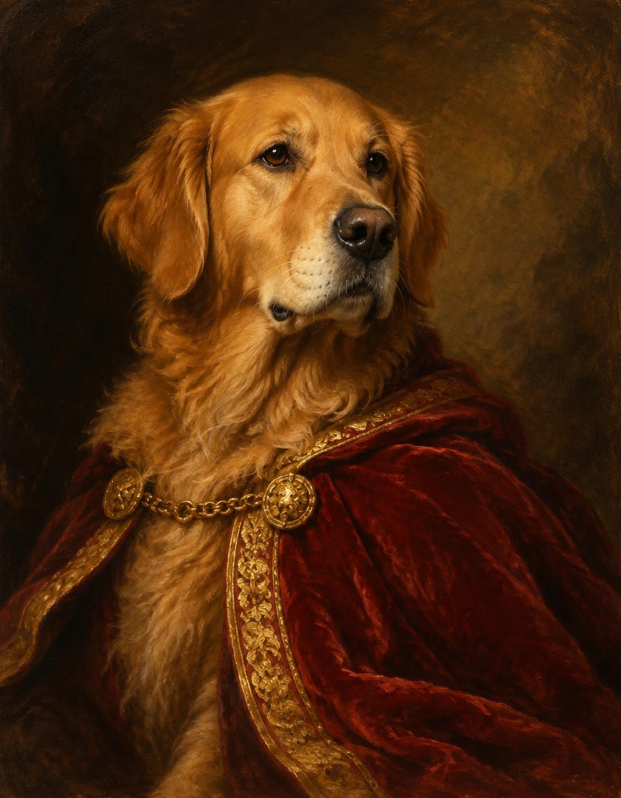 Oil portrait of a golden retriever in a red velvet cloak