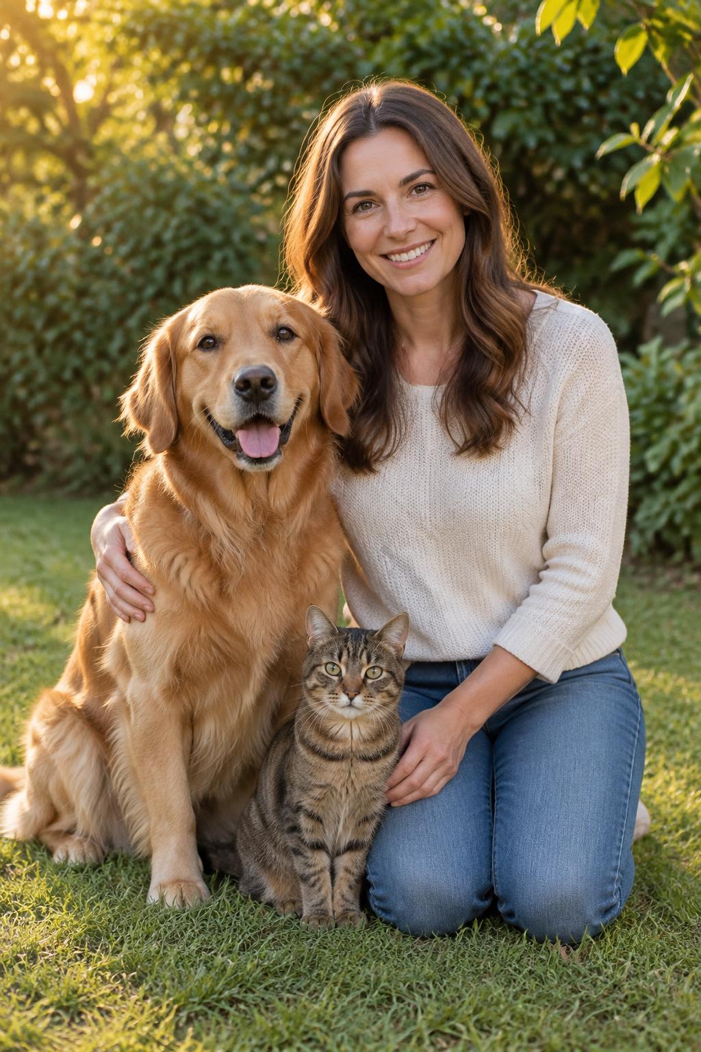 Woman kneeling closely beside her dog and cat in golden garden light