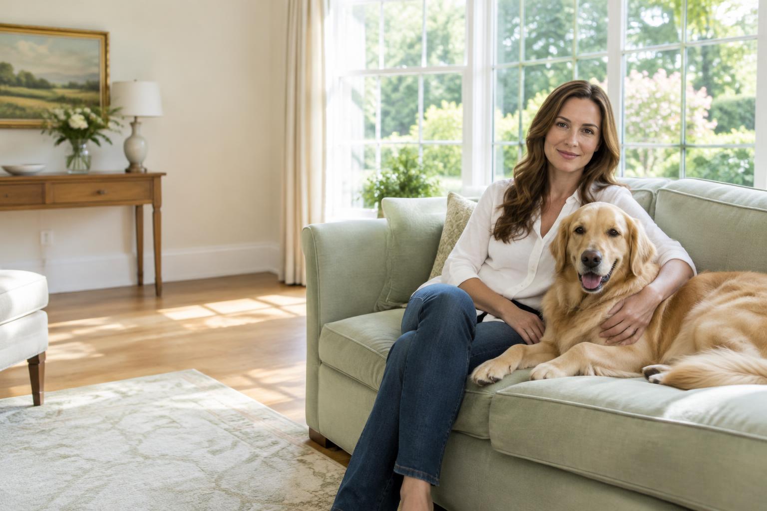 Woman and dog resting naturally together in a sunlit living room
