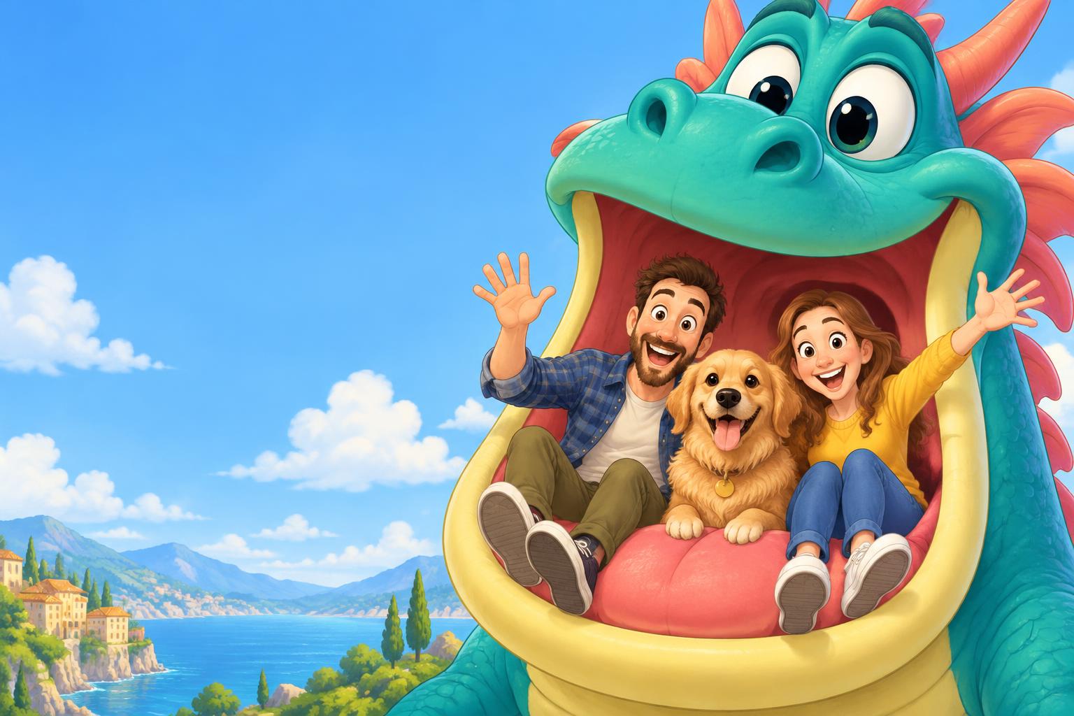 Friendly cartoon dragon with smiling friends and a pet