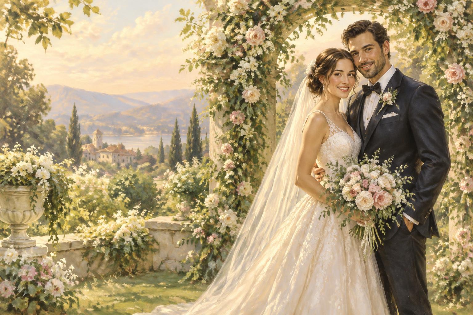 Romantic wedding couple beneath a flower arch