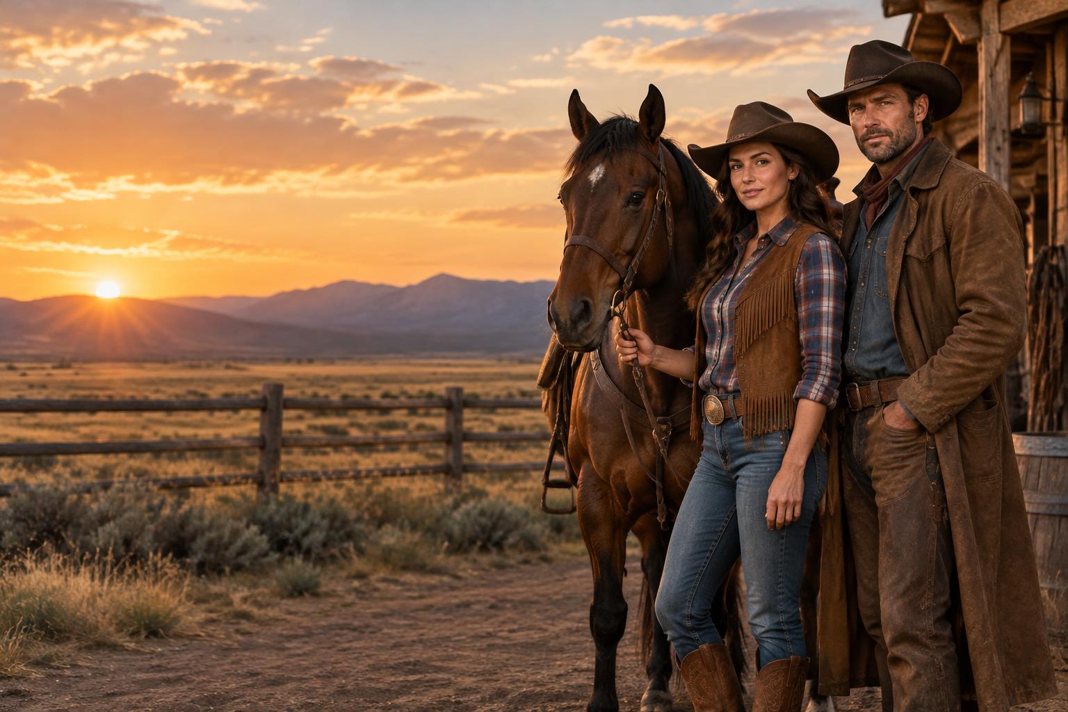 Cowgirl and cowboy beside a calm horse at a golden-hour ranch